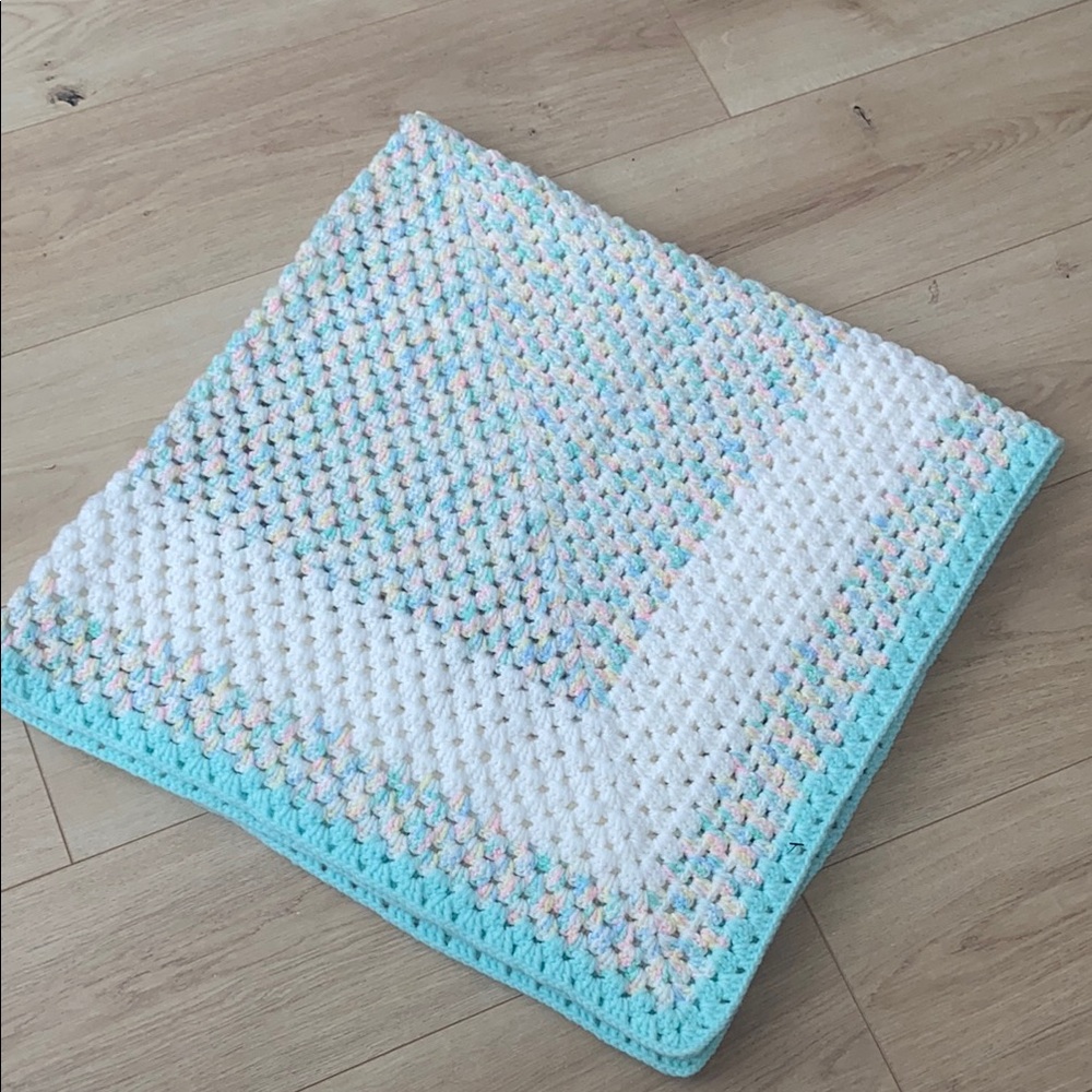 Handmade Crochet Baby Blanket in White and Pastel. 48in.x 48in.